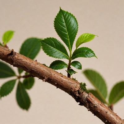 Green serrated leaves on tree branch