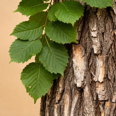 Green leaves on tree bark