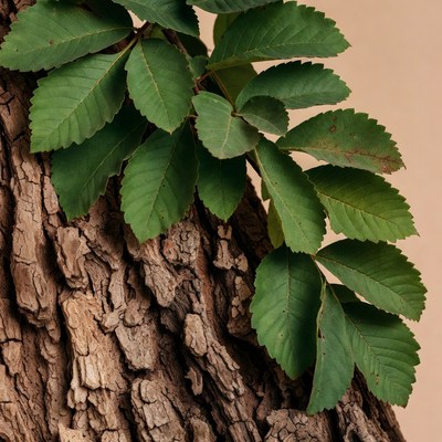 Green leaves on tree bark