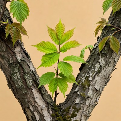 Maple Tree Trunk with Fresh Green Leaves