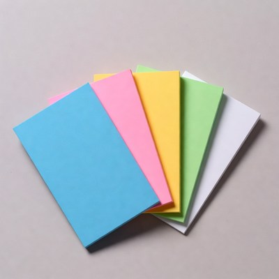 Colorful sticky notes fan on gray background