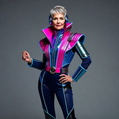 Silver-haired woman in futuristic pink suit