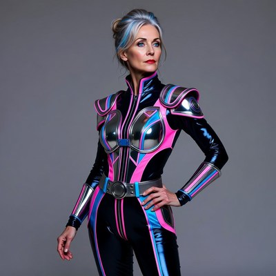Woman in pink black futuristic armor suit