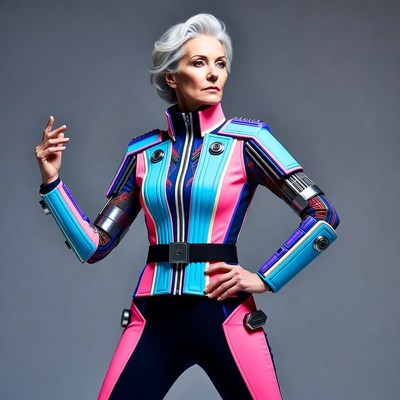 Silver-haired woman in futuristic jacket