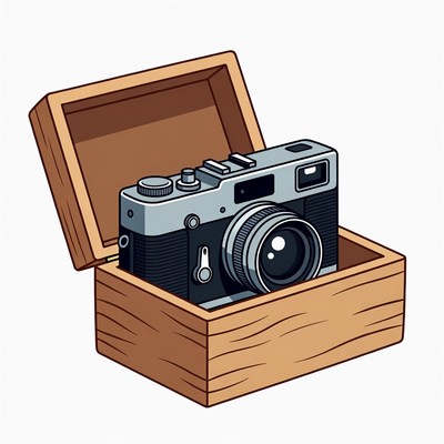 Vintage Camera in Open Wooden Box