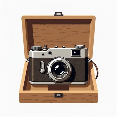 Vintage Camera in Open Wooden Box