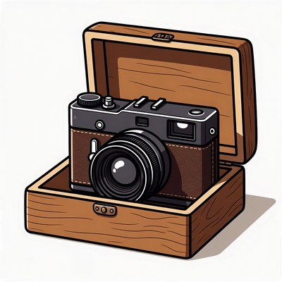 Vintage Camera in Open Wooden Case