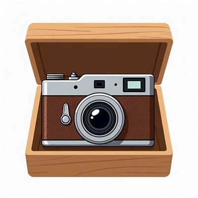 Vintage Camera in Open Wooden Box
