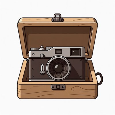 Vintage Camera in Open Wooden Box