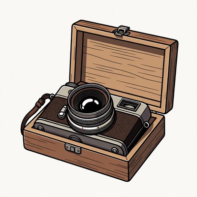 Vintage Camera in Open Wooden Box
