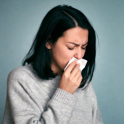 Woman blowing nose with tissue