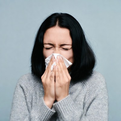 Woman blowing nose with tissue