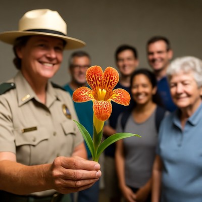 Park ranger holding orange flower with group