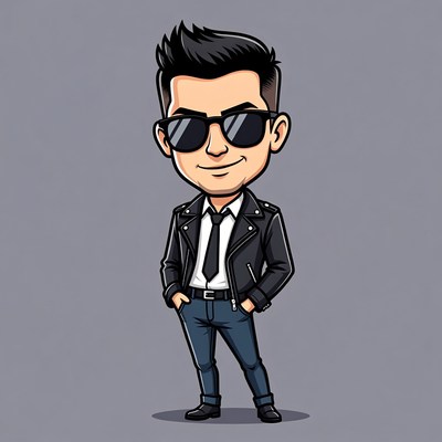 Cartoon man in leather jacket and sunglasses