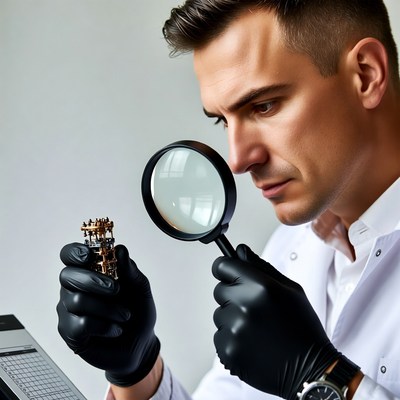 Man examining microchip with magnifying glass