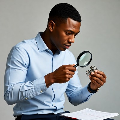 African-American man examining puzzle with magnifying glass