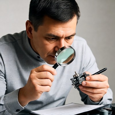 Man examining mechanism with magnifying glass