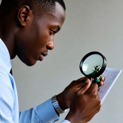 African man examining document with magnifying glass