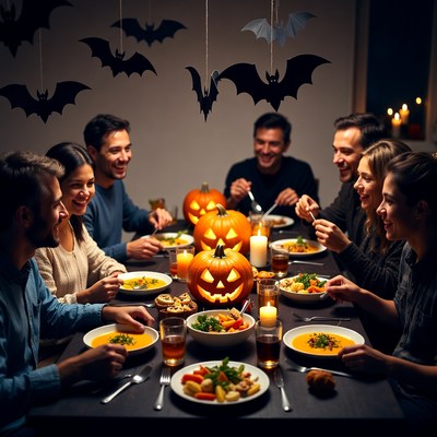 Group enjoying Halloween dinner party