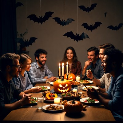 Diverse group at Halloween dinner table
