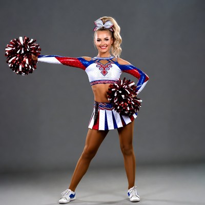 Blonde cheerleader posing with pom poms