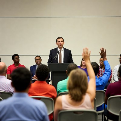 Man speaking at diverse group meeting