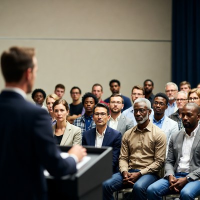 Man speaking at diverse audience podium