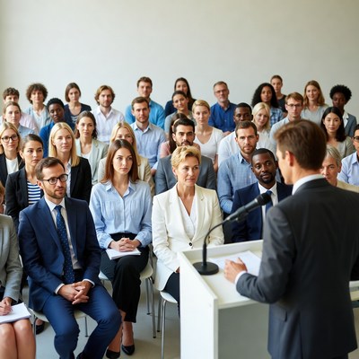 Man speaking at business conference podium
