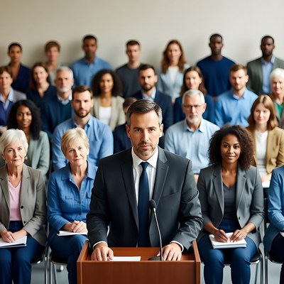 Man speaking at podium to audience