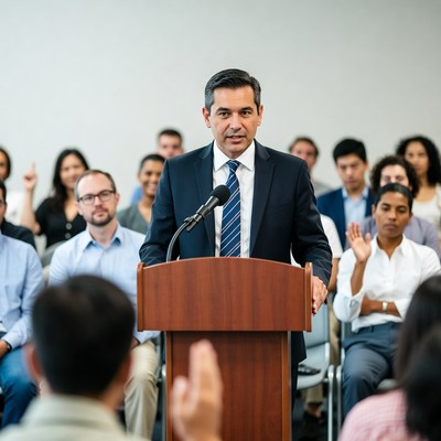Man speaking at podium with audience