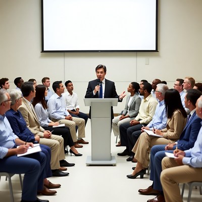 Man speaking at business conference podium