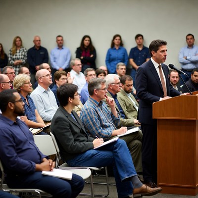 Man speaking at podium to audience