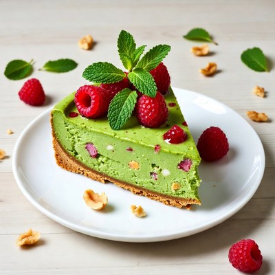 Green Cheesecake with Raspberries and Mint