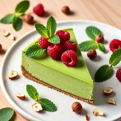 Green Cheesecake with Raspberries and Mint