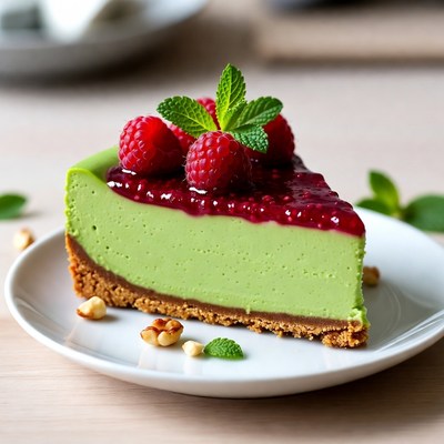 Green Cheesecake with Raspberries and Mint