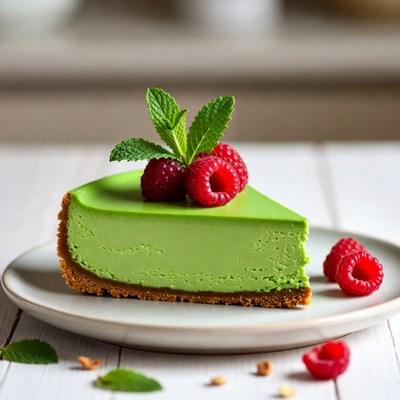 Green Cheesecake with Raspberries and Mint
