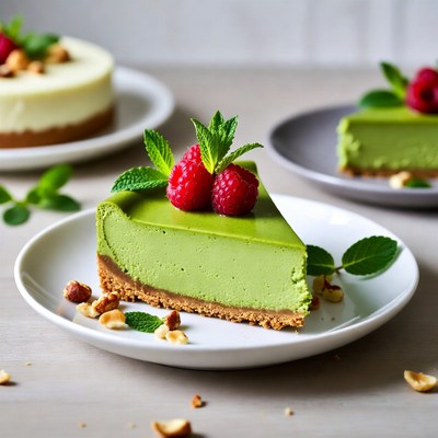 Matcha Cheesecake Slice with Raspberries