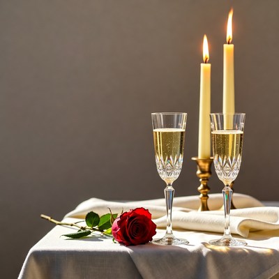Red Rose and Champagne Glasses with Candles