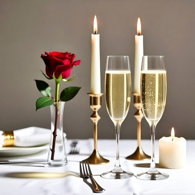 Champagne Glasses with Rose and Candles