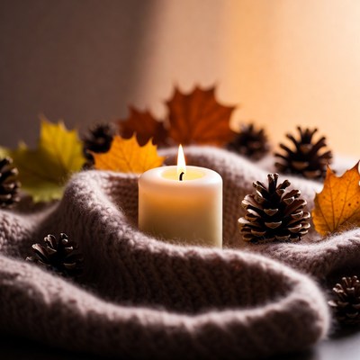 Lit Candle in Sweater with Pinecones and Autumn Leaves