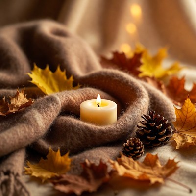 Lit Candle with Autumn Leaves and Pinecones