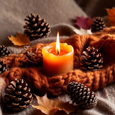 Burning Candle with Pine Cones and Autumn Leaves