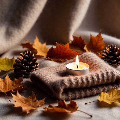 Lit Candle with Autumn Leaves and Pine Cones
