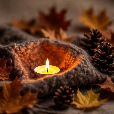 Candle in Knitted Nest with Autumn Leaves