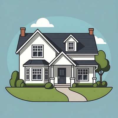 White house with green lawn illustration