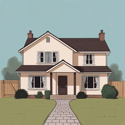 Cartoon Suburban House with Fence