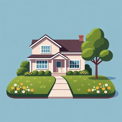 Cartoon House with Garden and Tree