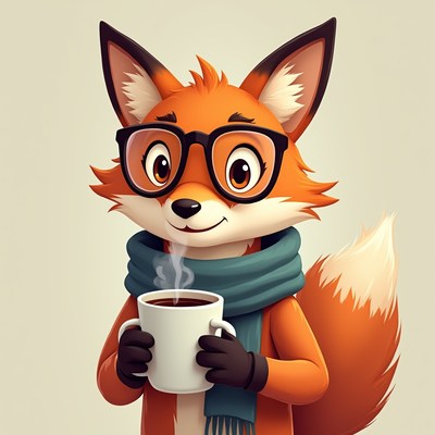 Cartoon Fox Wearing Glasses Holding Coffee