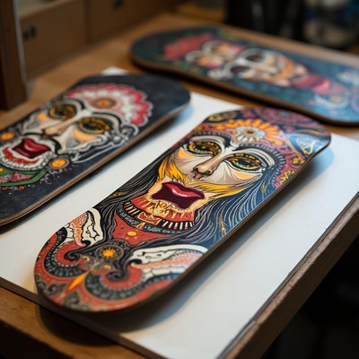 Colorful Skull Face Skateboards on Table