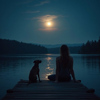 Woman and dog on dock at night